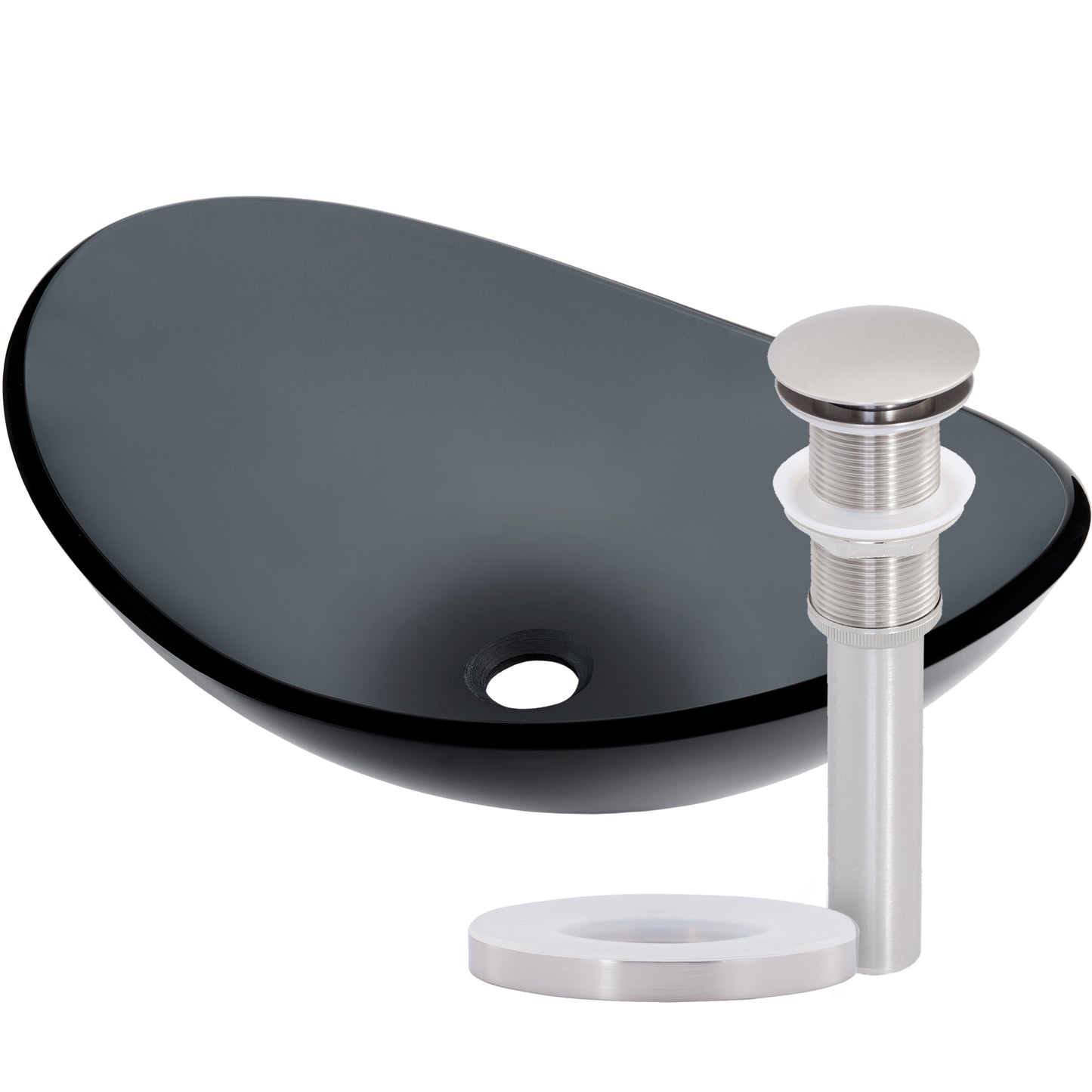 Clear slate grey oval tempered glass vessel sink by Novatto, modern bathroom fixture with sleek design and smooth surface.