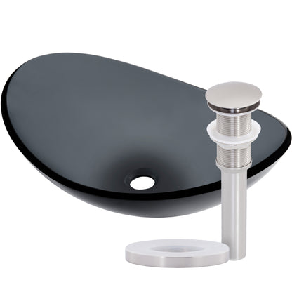 Clear slate grey oval tempered glass vessel sink by Novatto, modern bathroom fixture with sleek design and smooth surface.