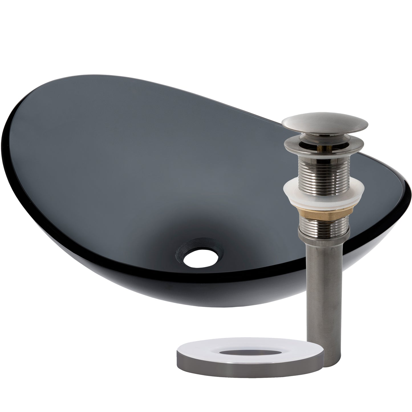 Clear slate grey oval tempered glass vessel sink by Novatto, modern bathroom sink with smooth, glossy surface and sleek oval shape.