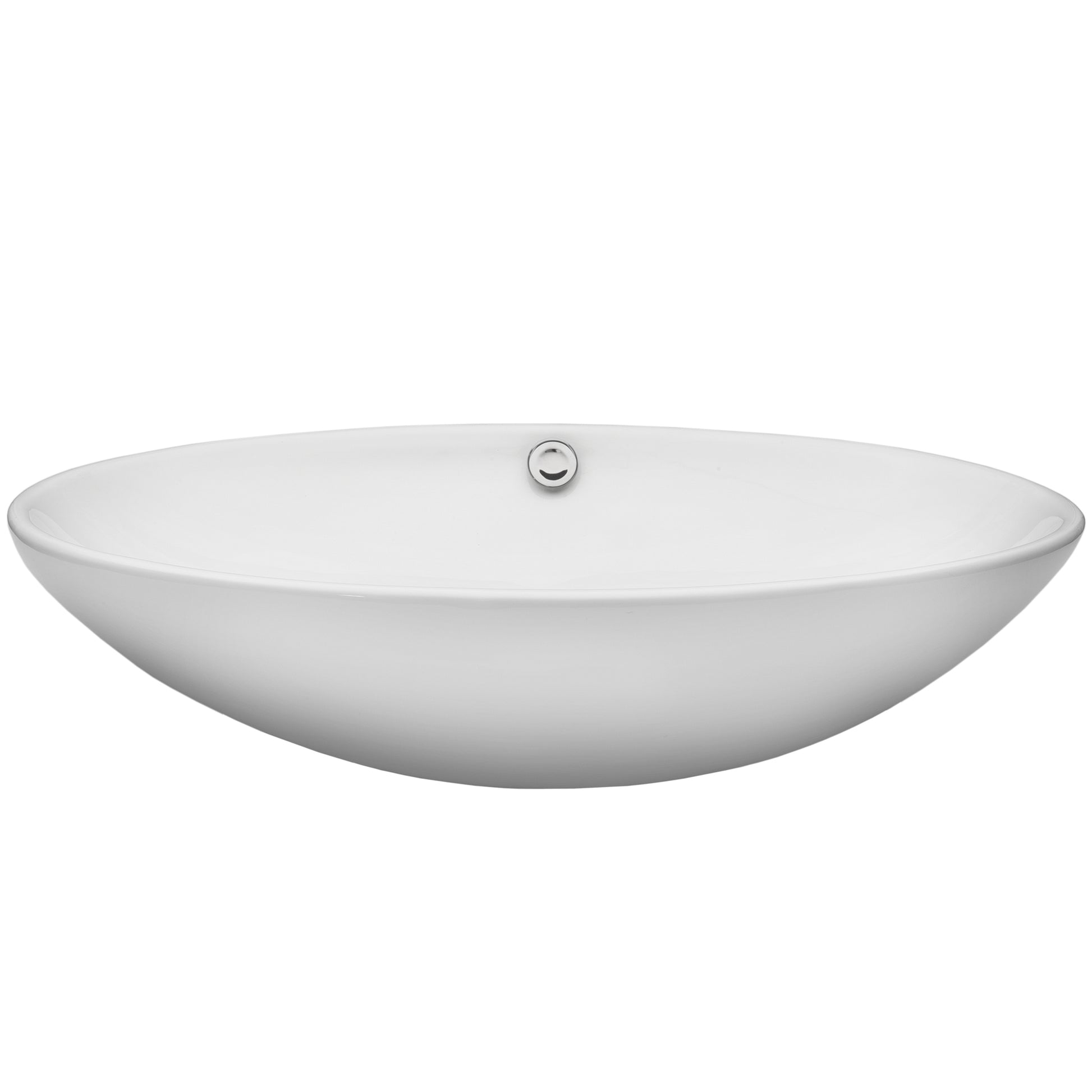 Oval white porcelain vessel sink from Novatto's NSFC-V07W136 series, front view showcasing smooth, rounded bathroom sink design.