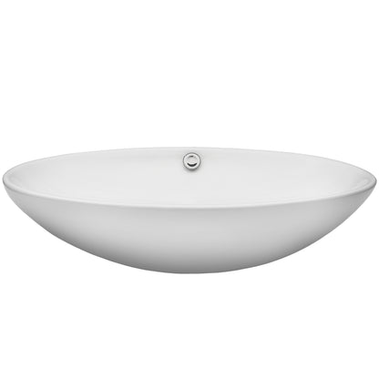 Oval white porcelain vessel sink from Novatto's NSFC-V07W136 series, front view showcasing smooth, rounded bathroom sink design.