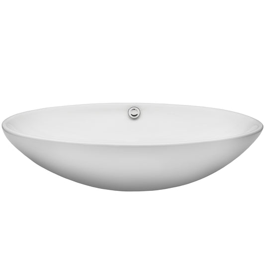 Oval white porcelain vessel sink from Novatto's NSFC-V07W136 series, front view showcasing smooth, rounded bathroom sink design.