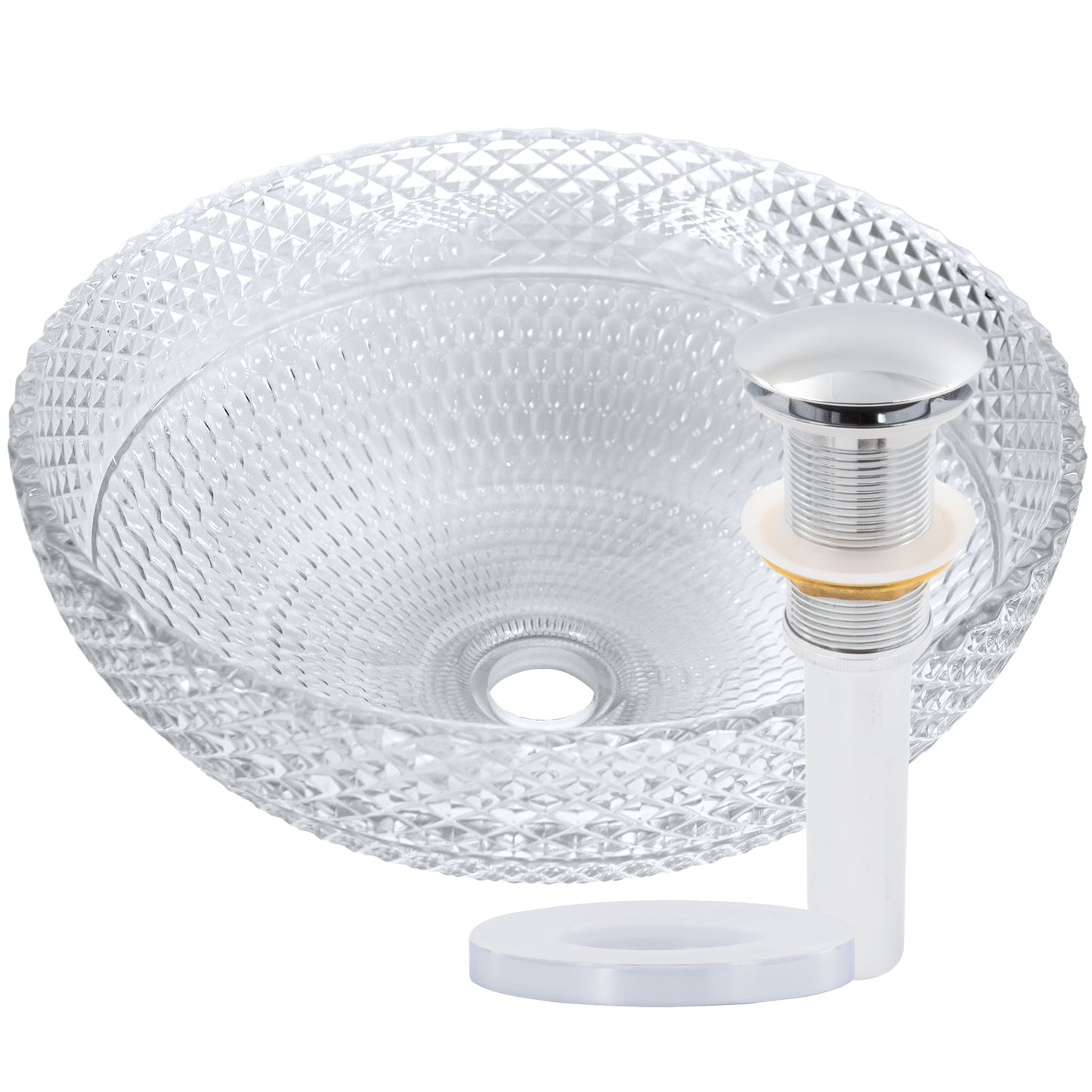 Modern Cristallo Diamond Clear Crystal Glass Vessel Bathroom Sink by Novatto, round shape with sleek transparent design