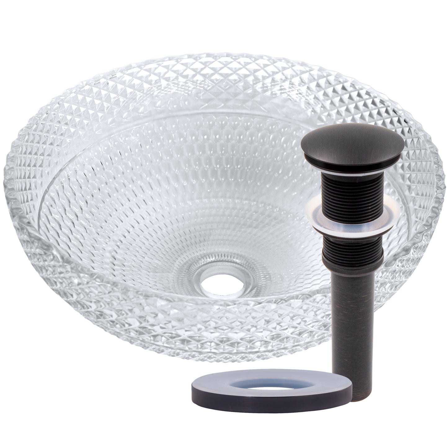 Novatto Cristallo Diamond clear crystal glass round bathroom sink with modern design and smooth surface, NCG-2408 model.