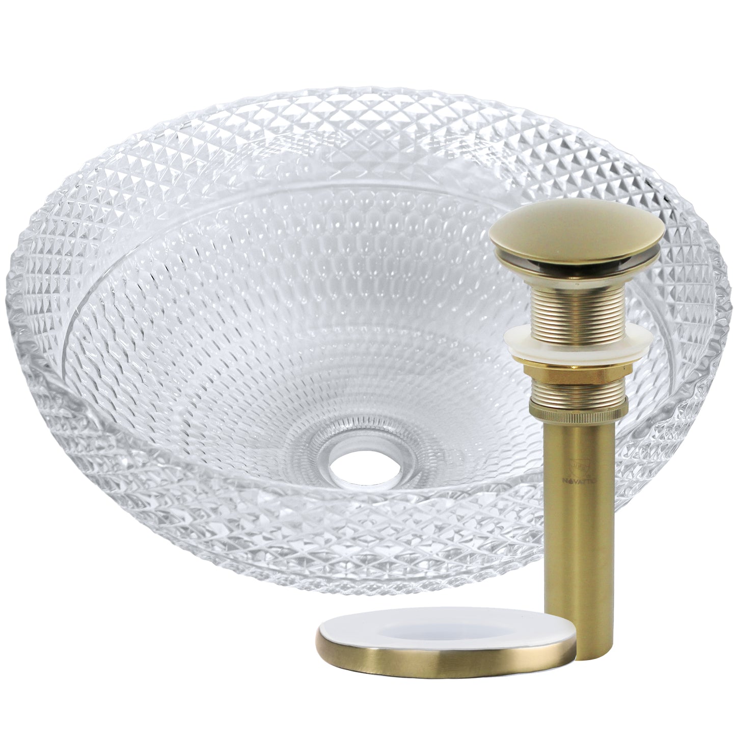 Modern Novatto Cristallo Diamond clear crystal glass bathroom sink with round vessel design, sleek and elegant for contemporary bathrooms.