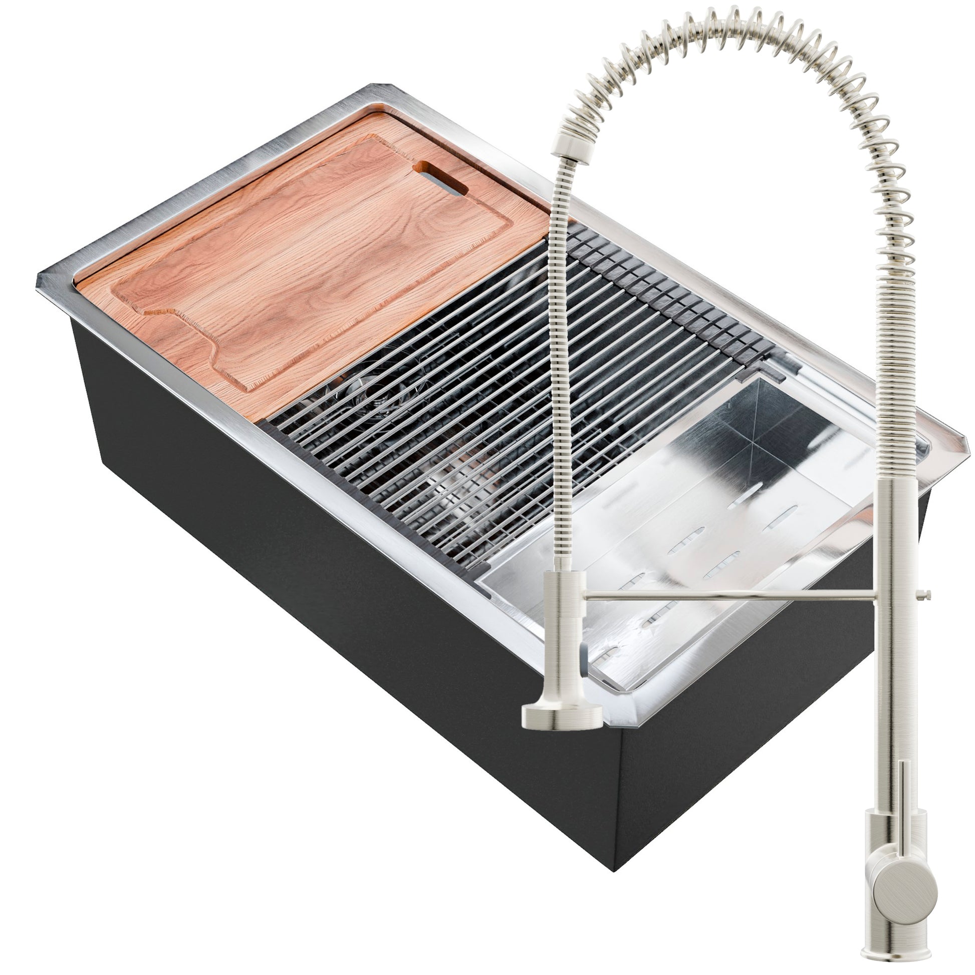 Novatto All-in Single Bowl Stainless Steel Kitchen Sink Workstation with accessories and faucet, showing durable, modern design
