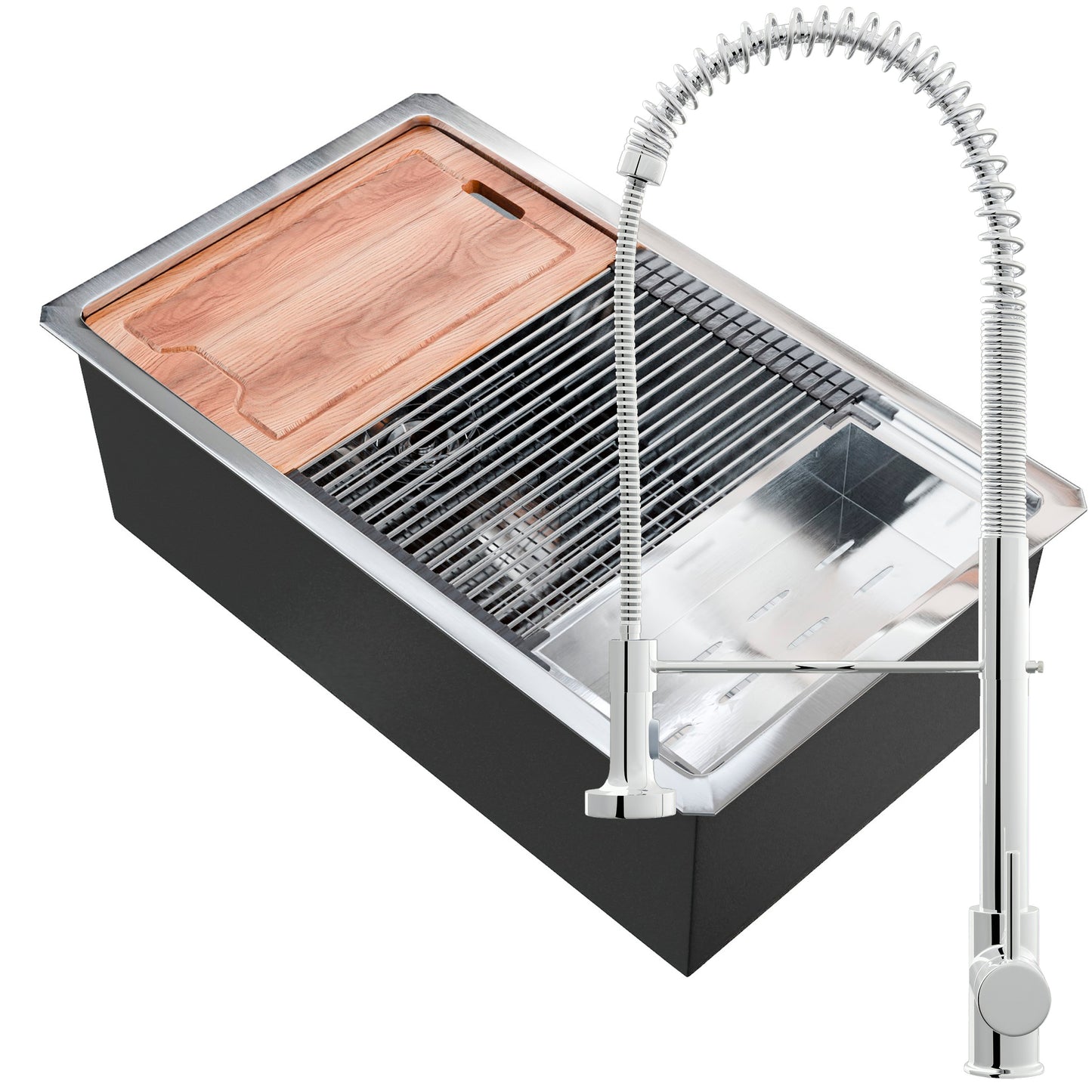 Novatto all-in single bowl stainless steel kitchen sink with accessories and faucet, showcasing durable, modern design and included setup.