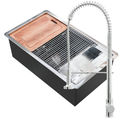 Novatto all-in single bowl stainless steel kitchen sink with accessories and faucet, showcasing durable, modern design and included setup.