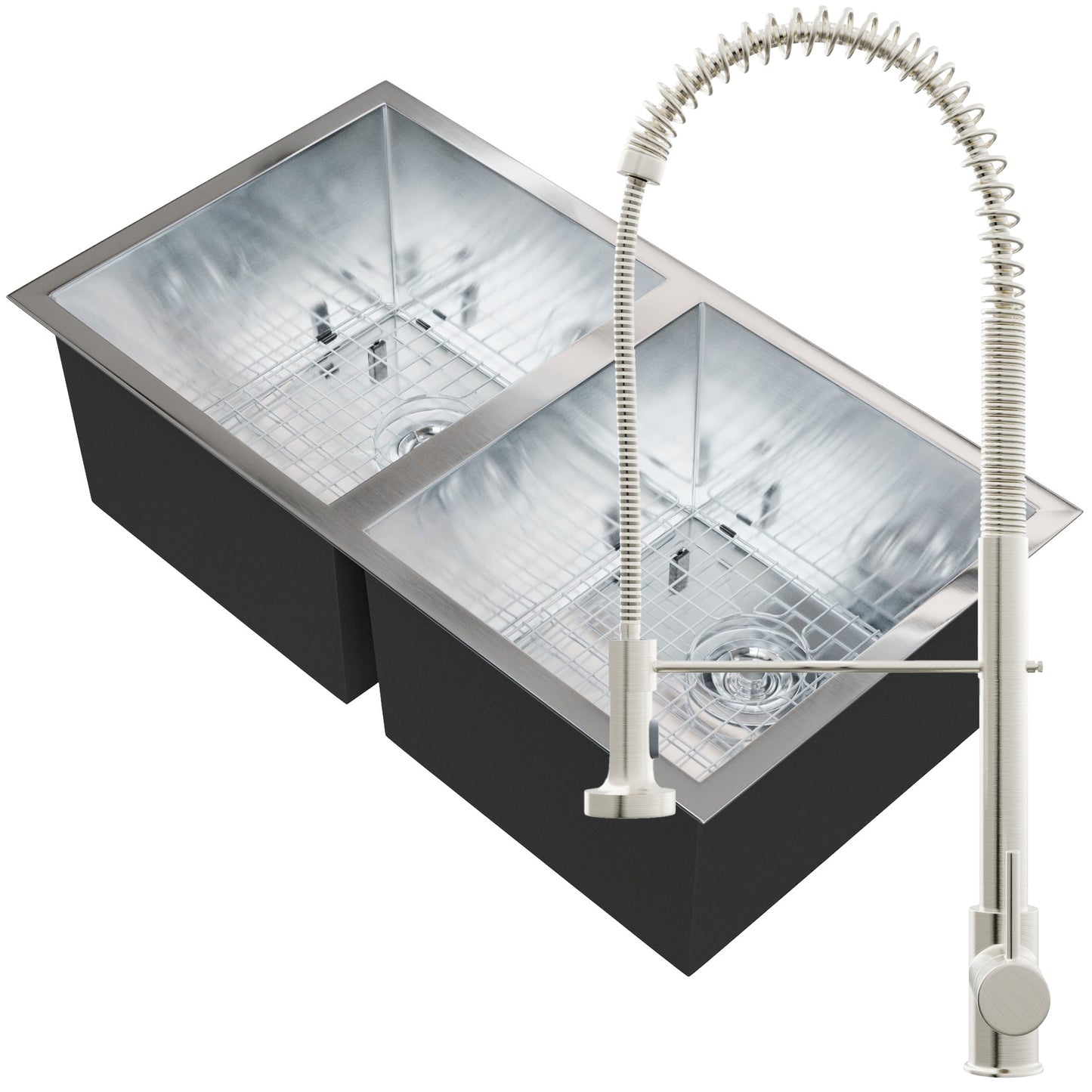 Contemporary stainless steel double bowl kitchen sink with faucet and drain kit by Novatto, featuring sleek zero radius design.