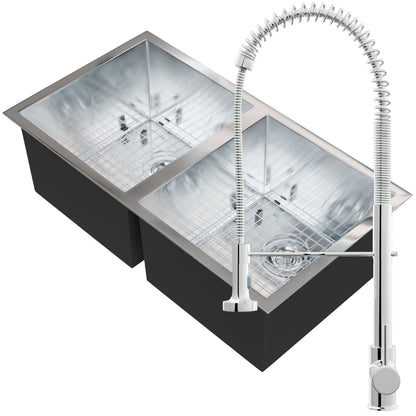 Contemporary stainless steel double bowl kitchen sink with faucet and drain kit by Novatto, featuring zero radius edges.