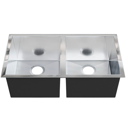 Contemporary stainless steel double bowl kitchen sink with zero radius edges by Novatto, front view showing sleek modern design.