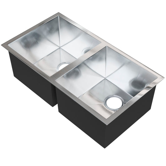 Contemporary Novatto stainless steel kitchen sink with double bowls and zero radius edges, viewed at three-quarter angle.