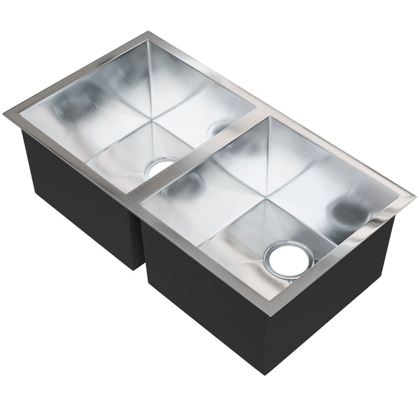 Contemporary Novatto stainless steel kitchen sink with double bowls and zero radius edges, viewed at three-quarter angle.