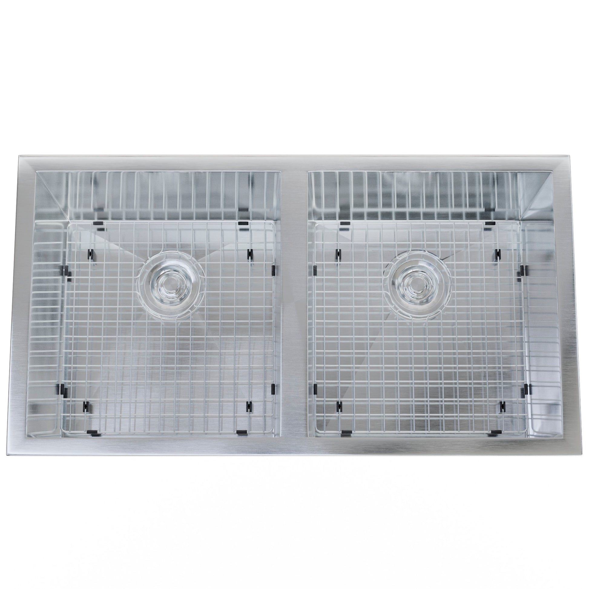 Top view of Novatto contemporary stainless steel double bowl kitchen sink with zero radius edges and included installation kit.