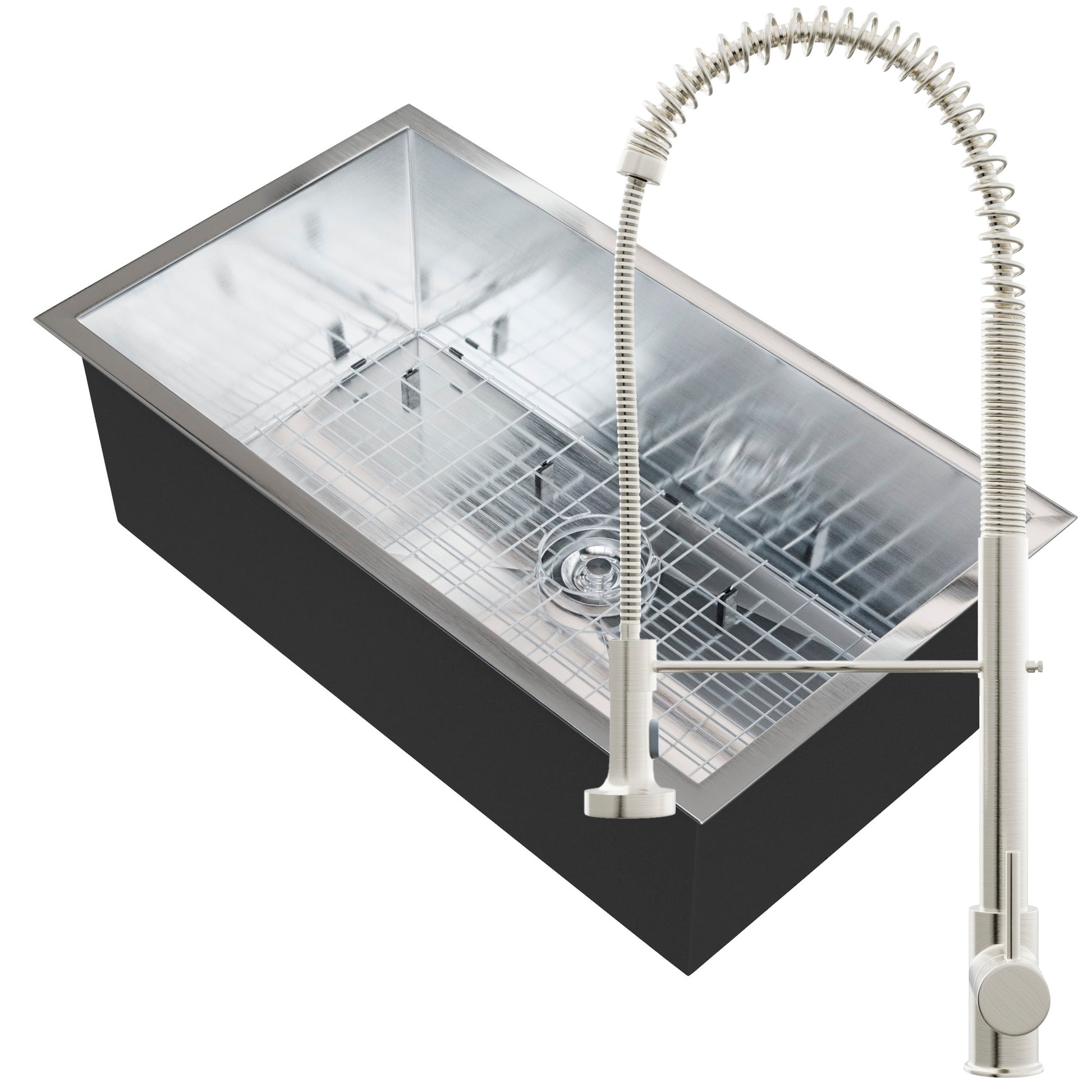 Contemporary stainless steel single bowl kitchen sink by Novatto with included faucet and installation kit.