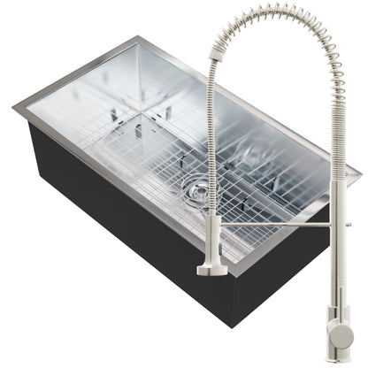 Contemporary stainless steel single bowl kitchen sink by Novatto with included faucet and installation kit.