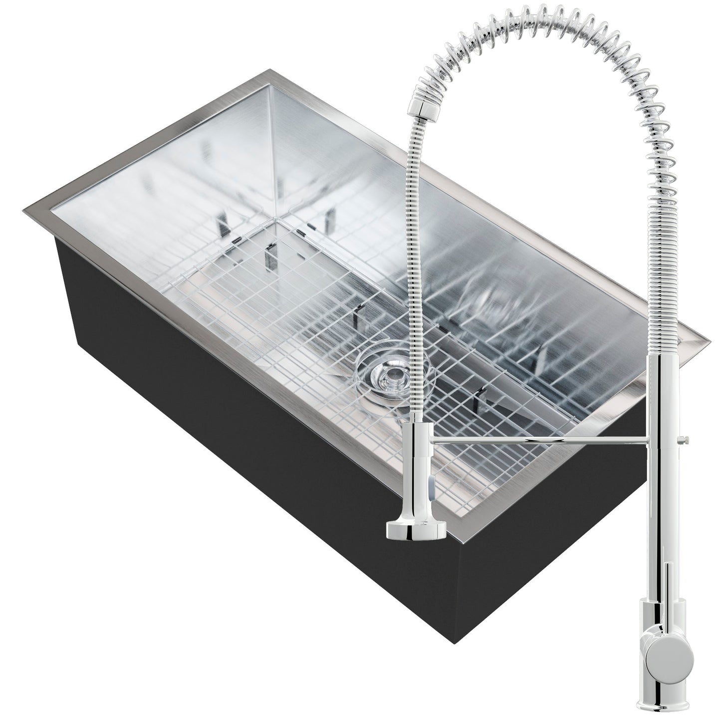 Contemporary stainless steel single bowl kitchen sink by Novatto with included faucet and installation kit, zero radius design.