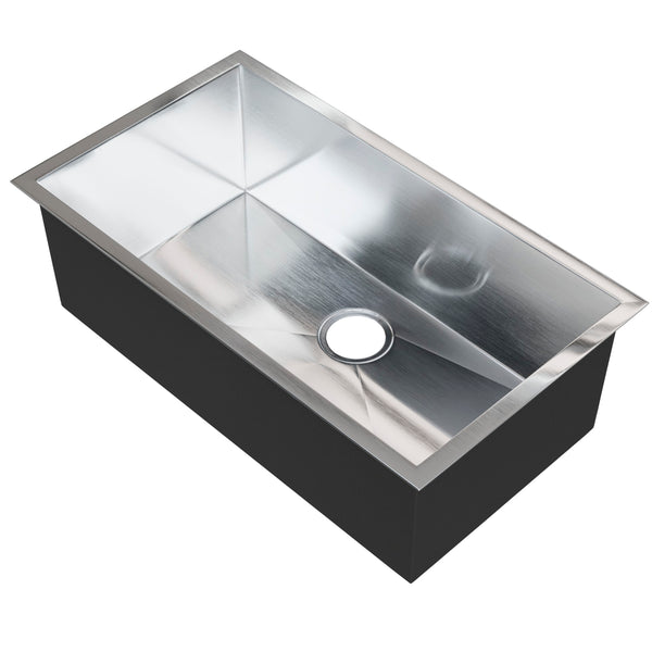 Contemporary stainless steel single bowl kitchen sink by Novatto with zero radius edges, three-quarter view from Shopify image.