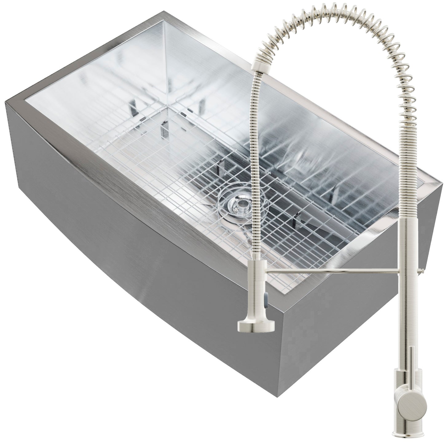 Novatto zero radius stainless steel farmhouse kitchen sink with single bowl, kit, and faucet, shown in a modern kitchen setting.