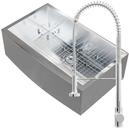 Stainless steel farmhouse kitchen sink by Novatto with single bowl, included faucet and installation kit, on a white background.