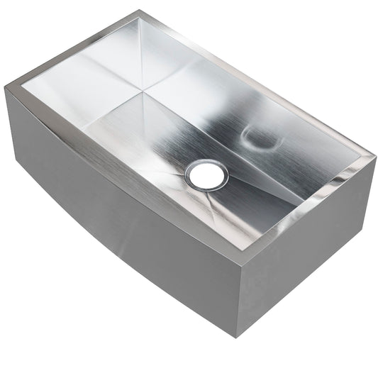 Three-quarter view of Novatto zero radius stainless steel single bowl farmhouse kitchen sink with sleek design and durable finish.