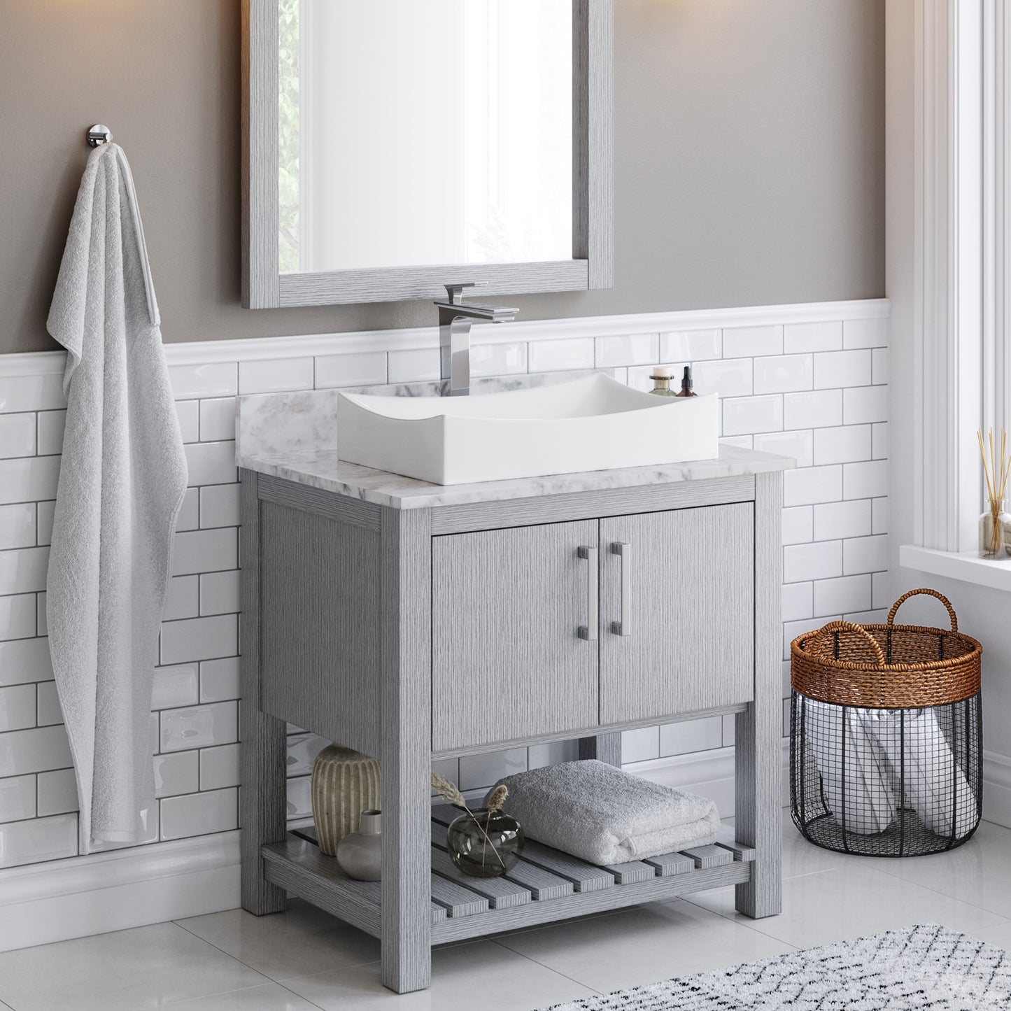 White porcelain vessel bathroom sink by Novatto, rectangular shape with sleek design, shown with faucet and bathroom setting