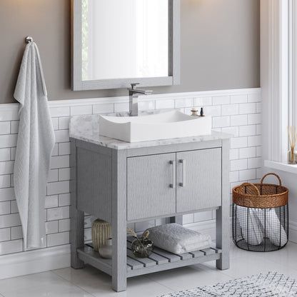 White porcelain vessel bathroom sink by Novatto, rectangular shape with sleek design, shown with faucet and bathroom setting