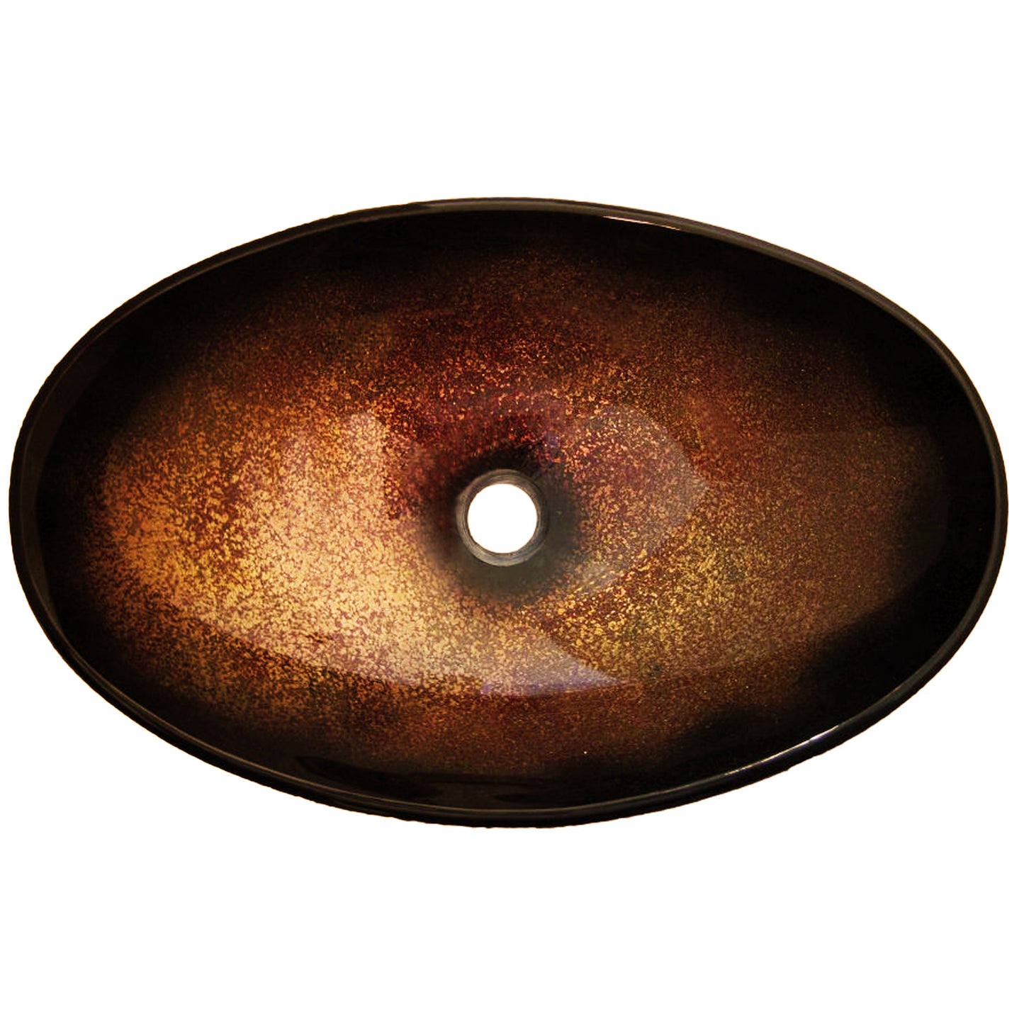 Black and copper oval glass vessel bathroom sink by Novatto, top view showcasing sleek transitional design and smooth glass surface.