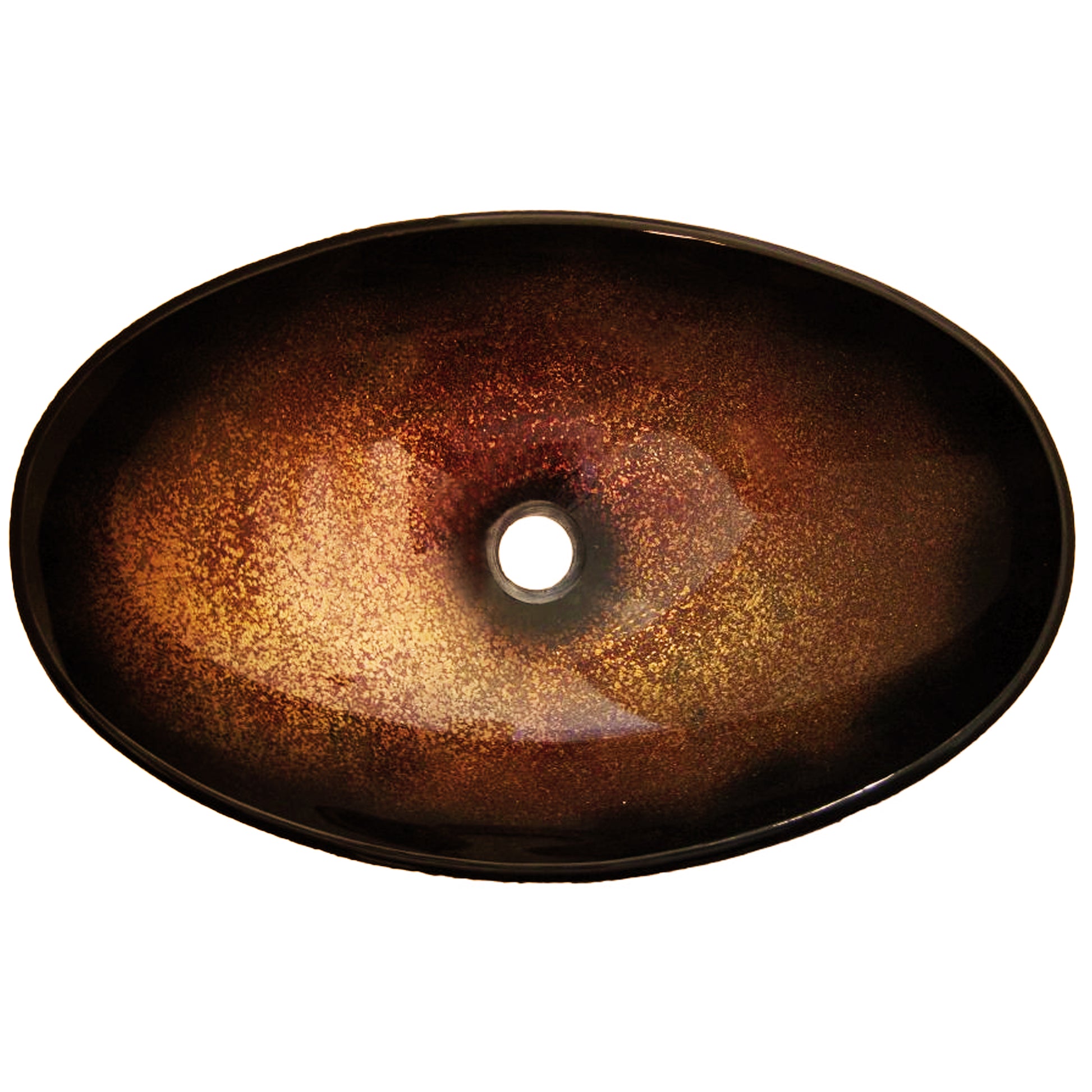 Black and copper oval glass vessel bathroom sink by Novatto, top view showcasing sleek transitional design and smooth glass surface.