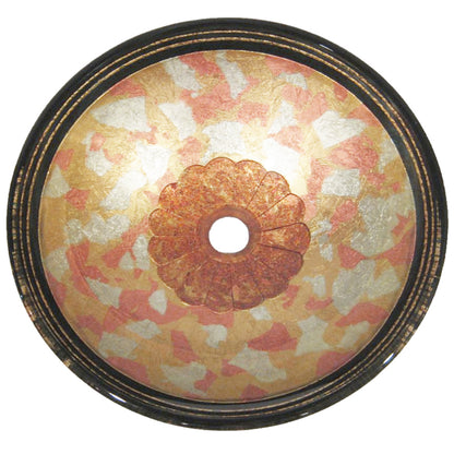 Hand-painted multicolored glass vessel bathroom sink by Novatto, top view showcasing vibrant, traditional design.