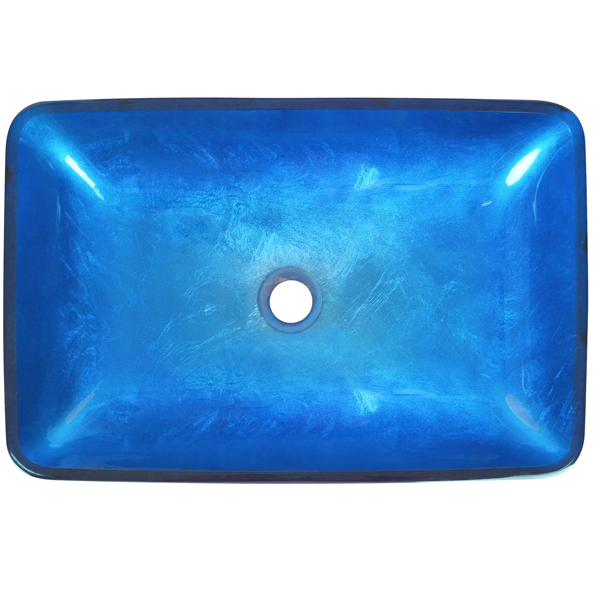 Blue hand-foiled rectangle glass vessel bathroom sink by Novatto, modern design viewed from top.