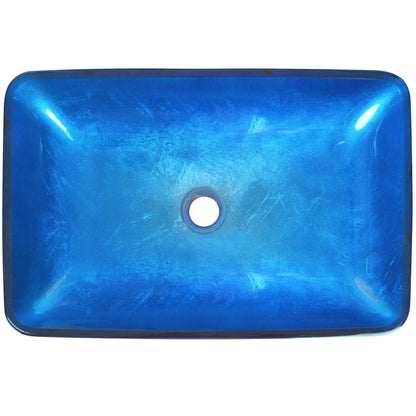 Blue hand-foiled rectangle glass vessel bathroom sink by Novatto, modern design viewed from top.