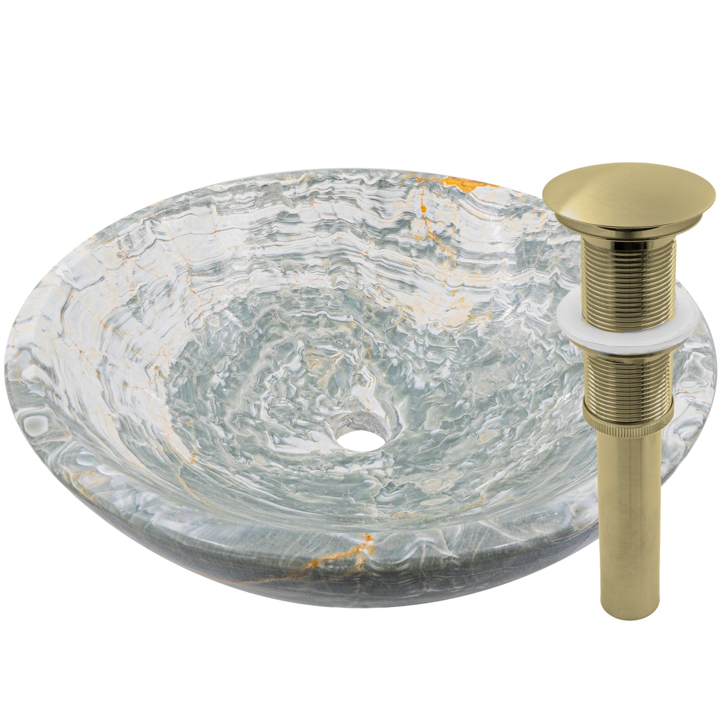 Natural blue onyx stone vessel bathroom sink by Novatto, transitional style with smooth, polished surface and rounded shape.