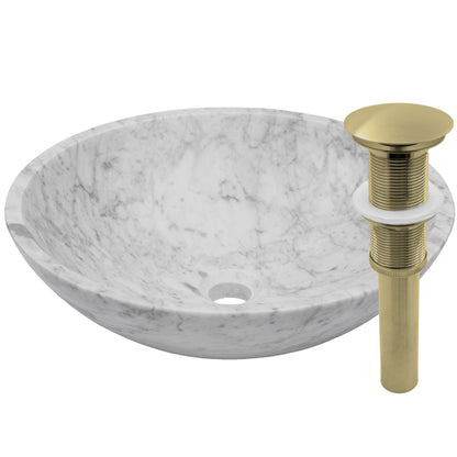 Modern Carrara white marble vessel sink by Novatto, contemporary bathroom basin with smooth, polished stone surface.