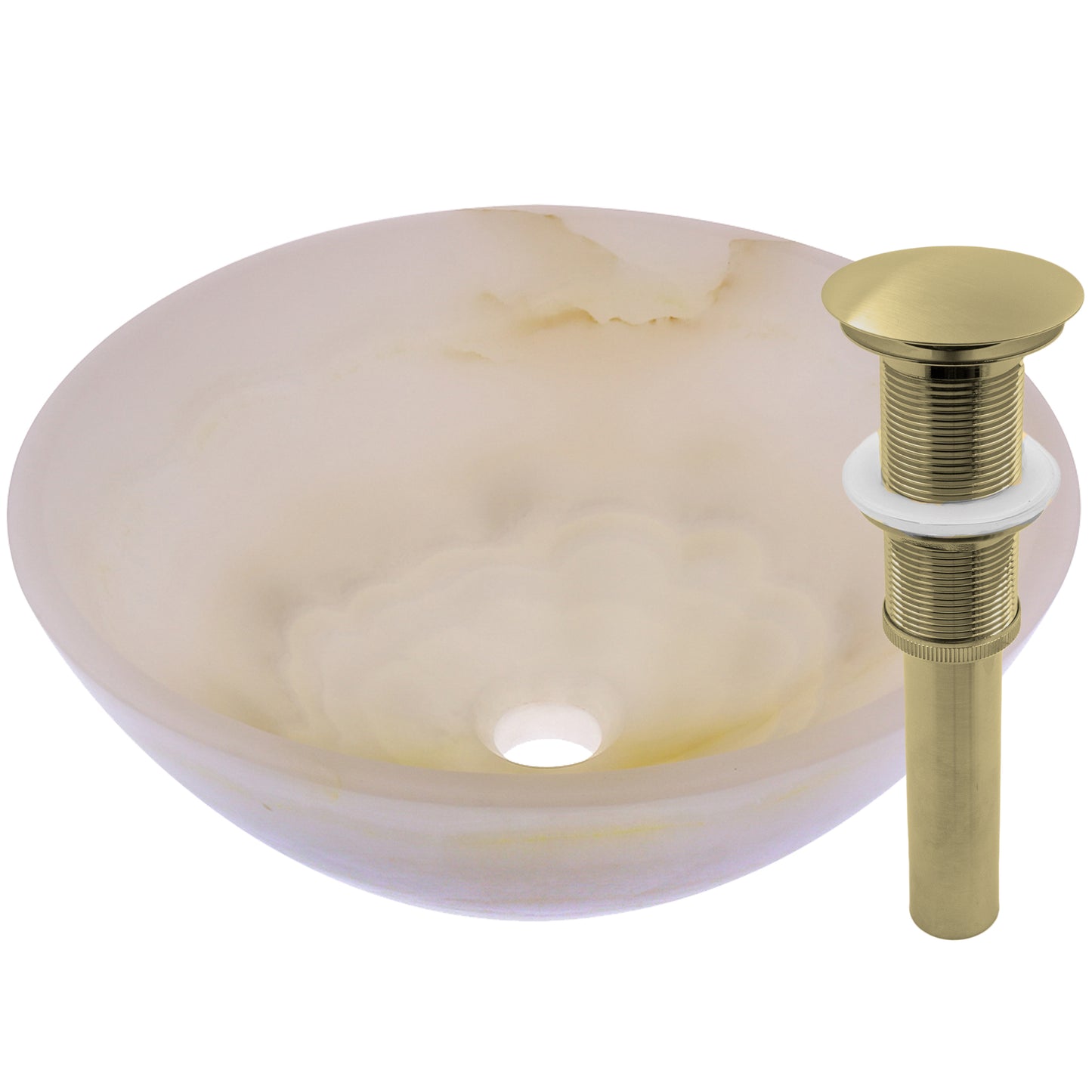 Natural white onyx stone vessel bathroom sink by Novatto, transitional style, with smooth curved basin and polished surface.