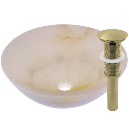 Natural white onyx stone vessel bathroom sink by Novatto, transitional style, with smooth curved basin and polished surface.