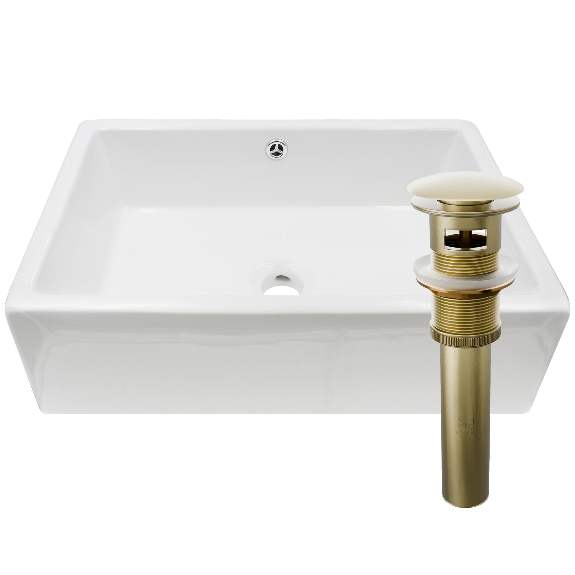 White porcelain vessel sink with overflow, rectangular shape, by Novatto, designed for bathroom vanity installation.