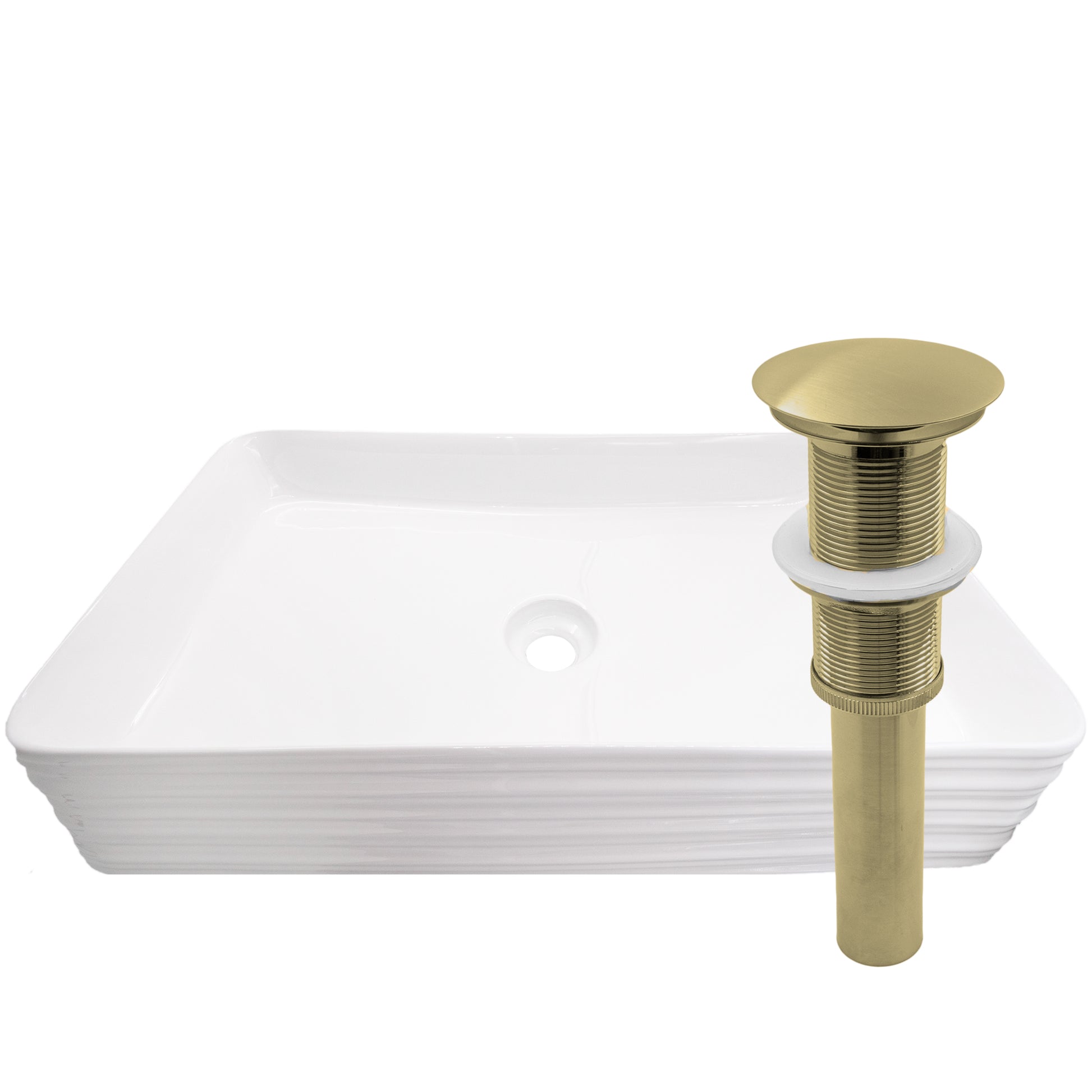 Rectangular white porcelain vessel sink with grooved exterior, Novatto NP-208513, showcasing smooth interior and modern design.
