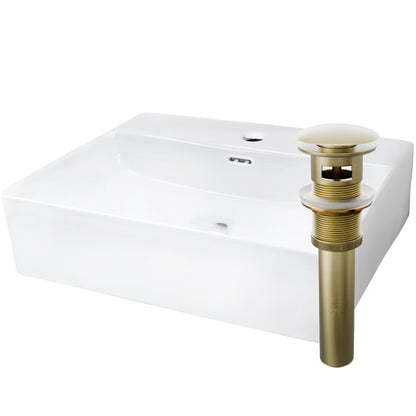 Rectangular white porcelain vessel sink with overflow and faucet hole, designed for modern bathroom decor.