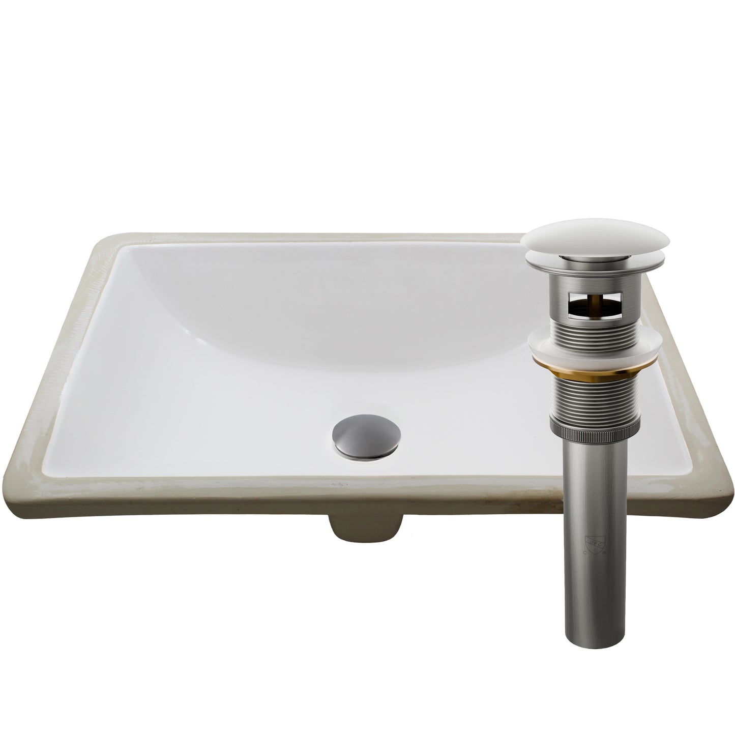 White rectangular Novatto vessel sink with undermount design and overflow, made of porcelain for bathroom or vanity use.