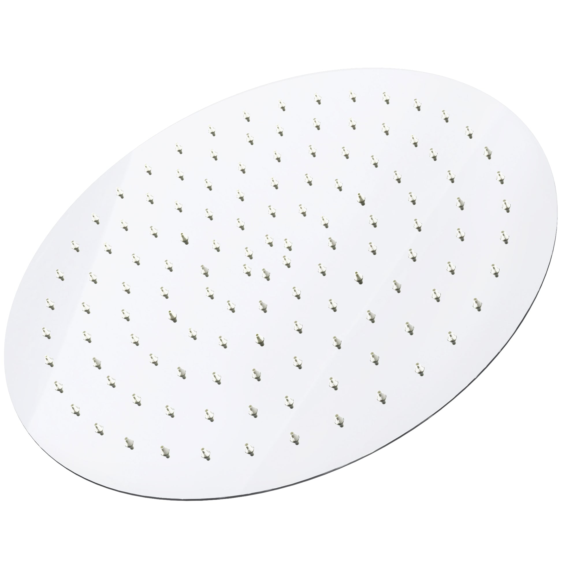 Novatto 12-inch round rainfall shower head for shower and bathtub, three-quarter view showing sleek chrome finish.