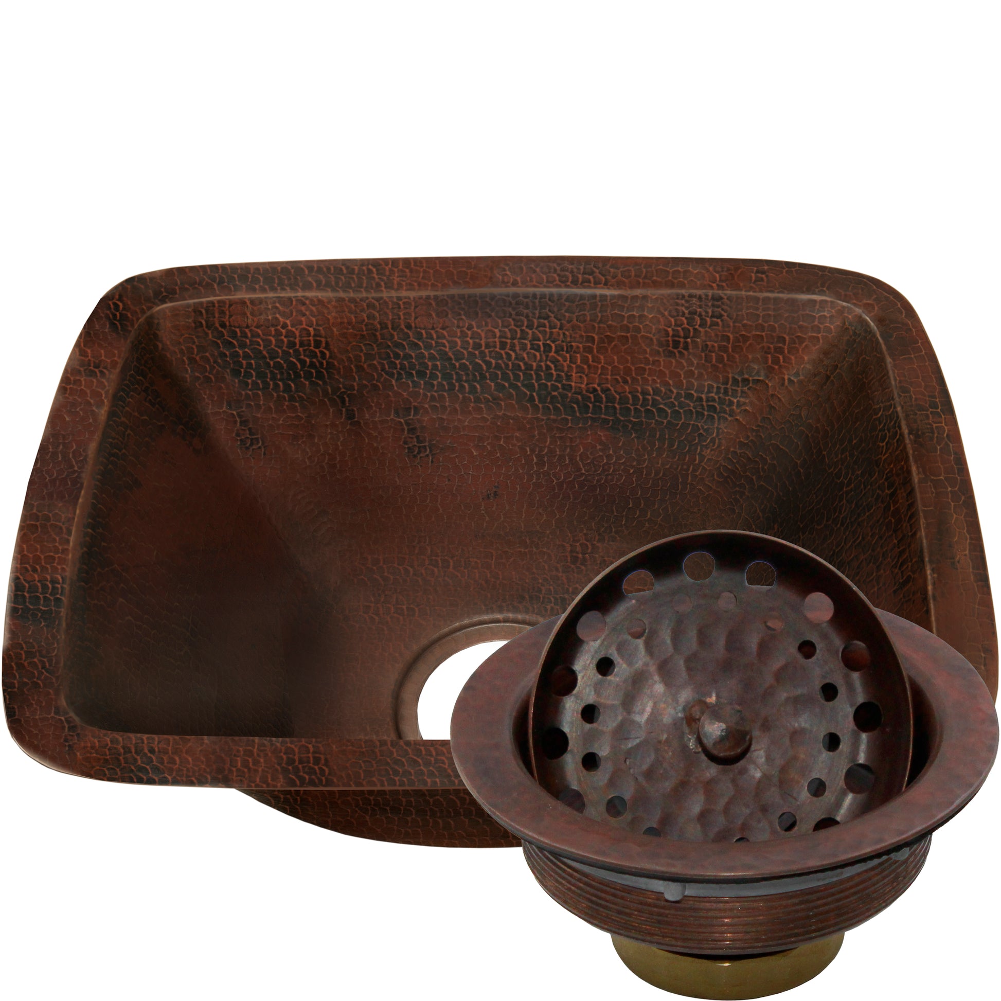 Rectangle hammered copper bar sink by Novatto with a textured finish, shown with the brand's NKSD-001HC accessory.