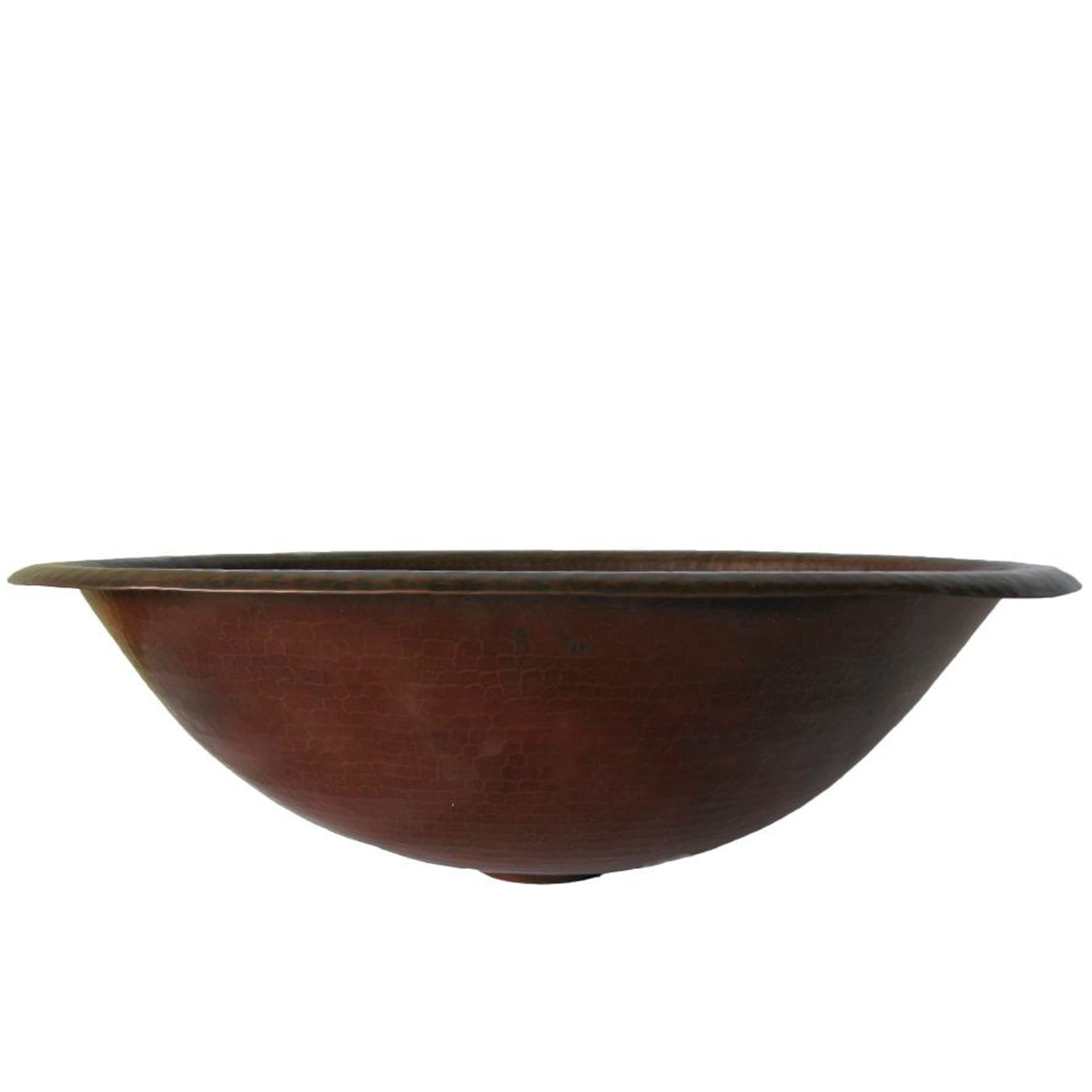 Traditional oval copper drop-in bathroom sink with rolled rim in antique finish, designed by Novatto, front view.
