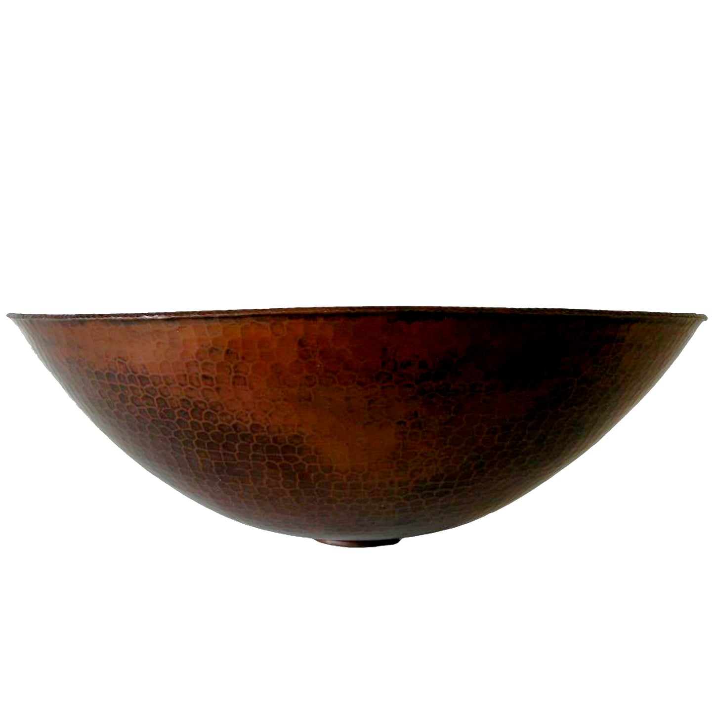 Traditional oval hammered copper vessel bathroom sink in antique finish by Novatto, side view showing textured surface and rounded shape.