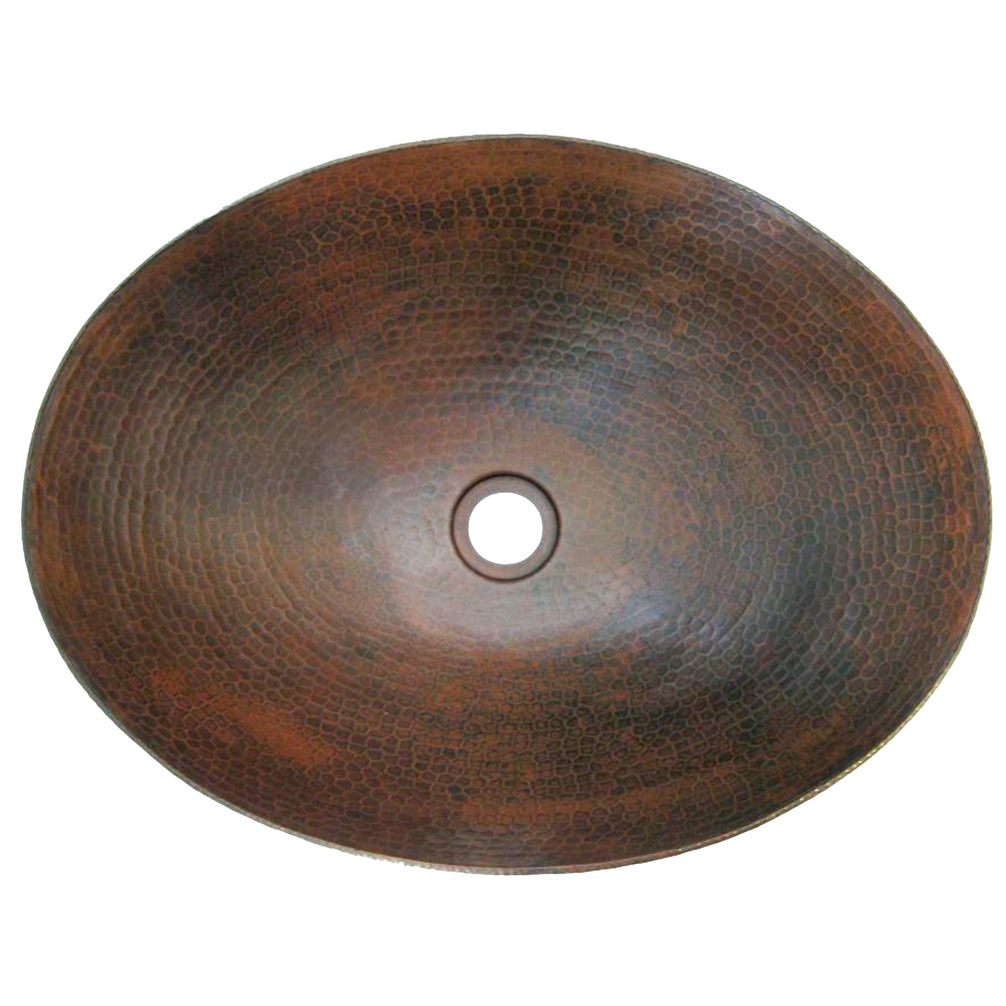Oval hammered copper vessel bathroom sink in antique finish, top view showing traditional design by Novatto.