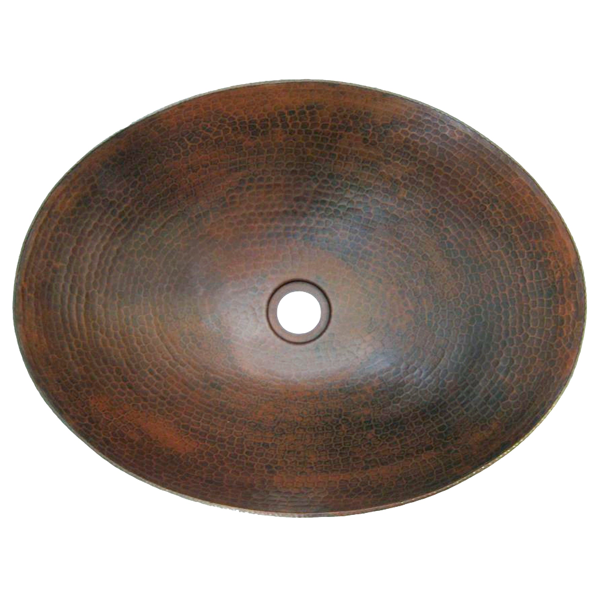 Oval hammered copper vessel bathroom sink in antique finish, top view showing traditional design by Novatto.