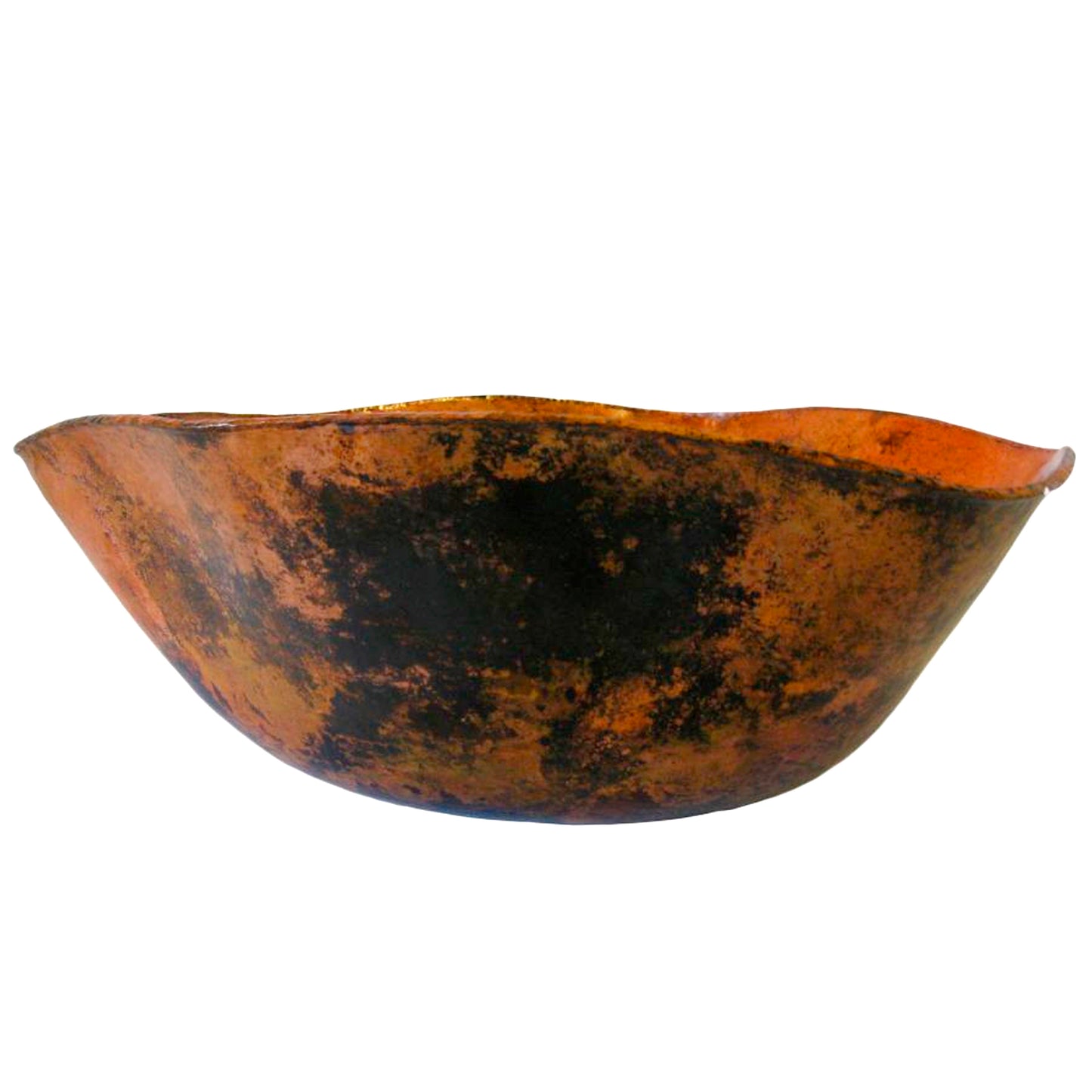Side view of Novatto scalloped hammered copper vessel sink in natural finish, traditional bathroom sink design.