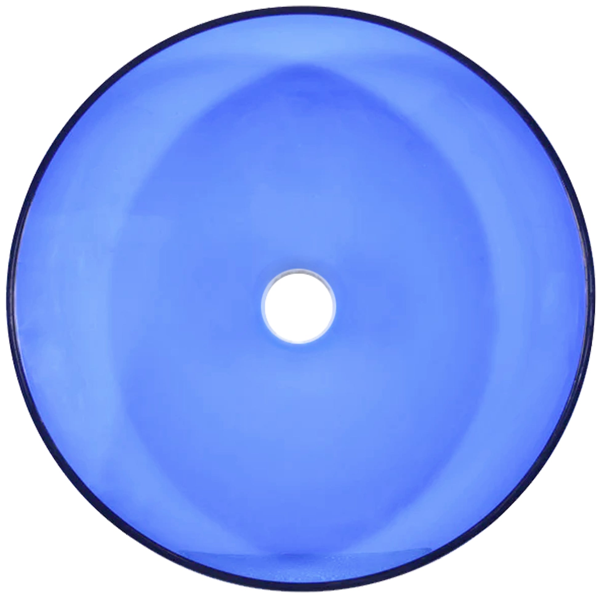 Blue round tempered glass vessel bathroom sink by Novatto, modern design with a top view showing smooth glass surface and rounded shape.