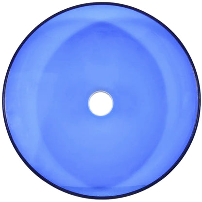 Blue round tempered glass vessel bathroom sink by Novatto, modern design with a top view showing smooth glass surface and rounded shape.
