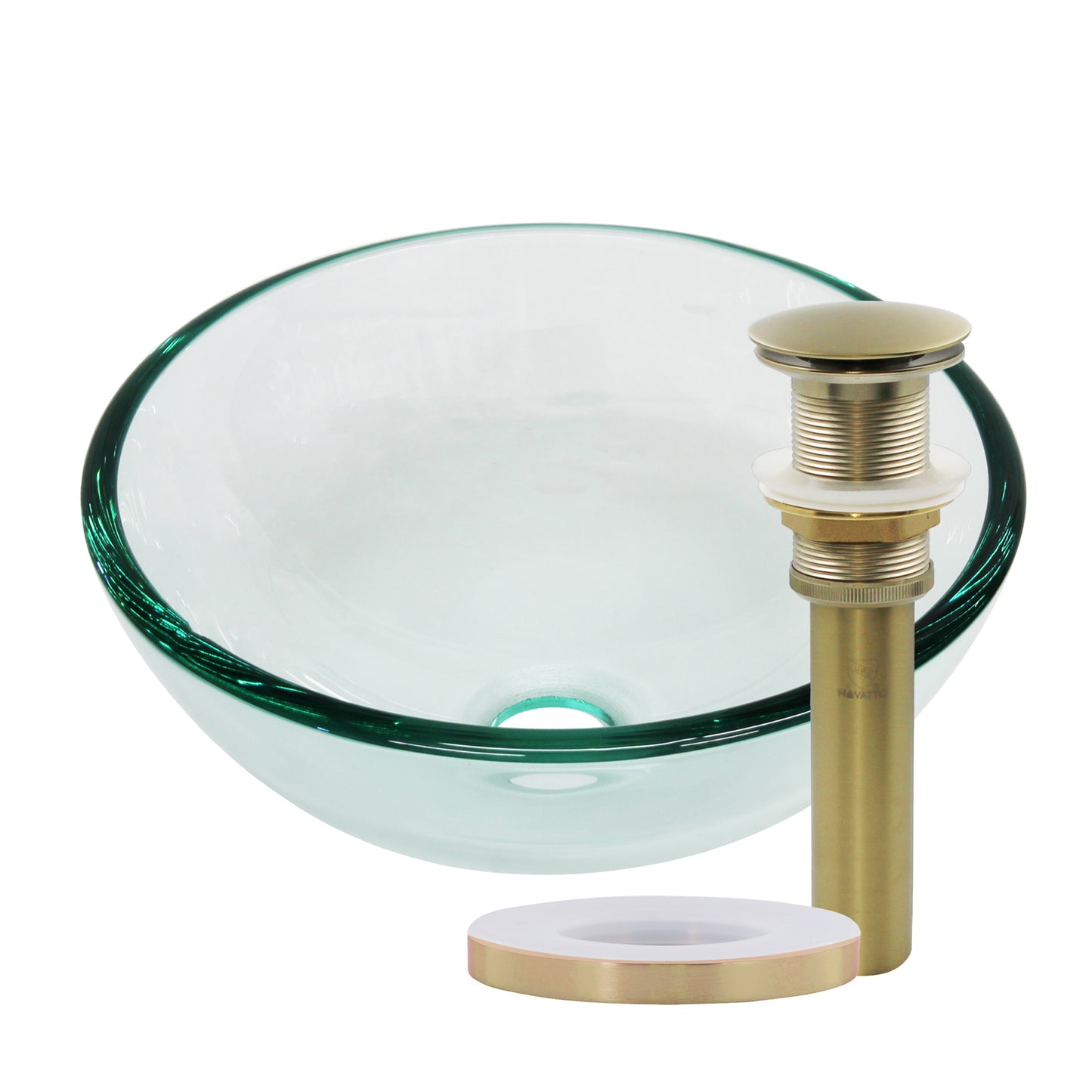 Modern 12-inch clear round tempered glass vessel sink by Novatto, with smooth, transparent surface for bathroom use.